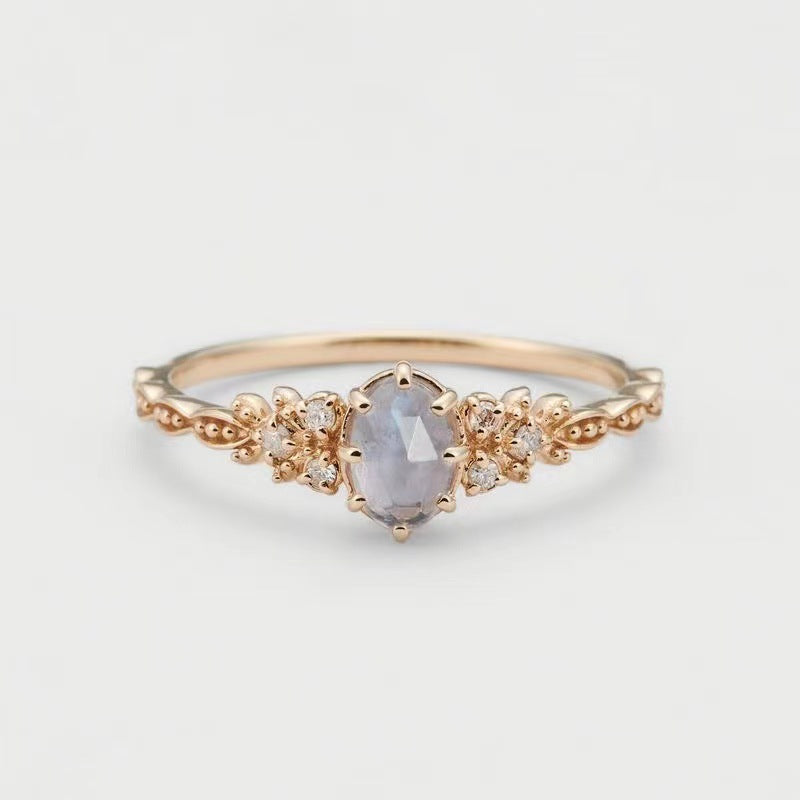 Wholesale Inlaid with natural iolite and labradorite hollow ring, happy olive leaf purple diamond and zircon ring